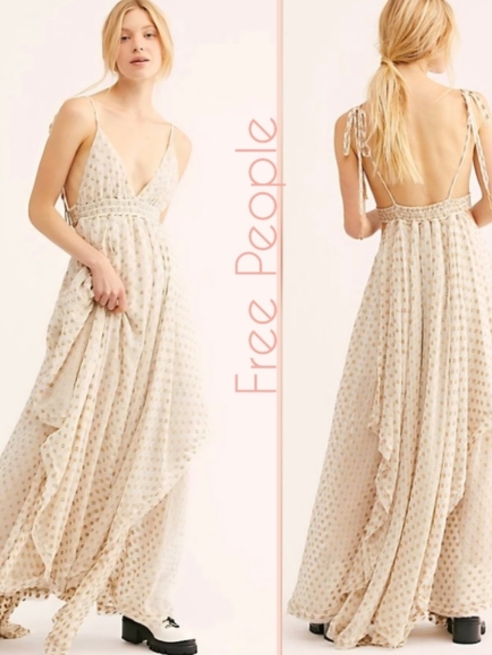 Free People Meredith Metallic Gold Foil Maxi Dress Ivory XS Boho Fairy Flirty